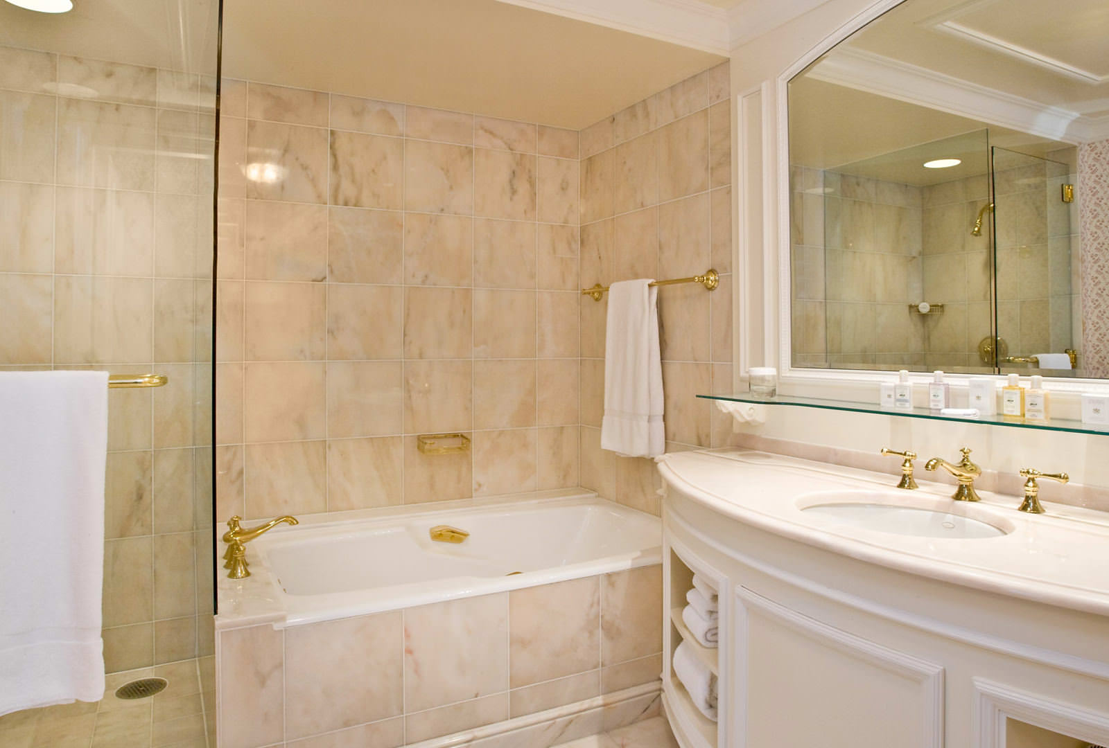 Grand America Hotel Italian marble bathroom with separate shower and soaking tub