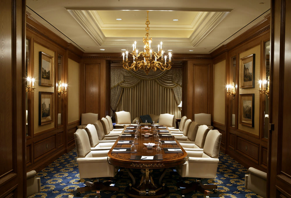 Grand America Hotel's Embassy Boardroom with chandelier and Italian boardroom table.