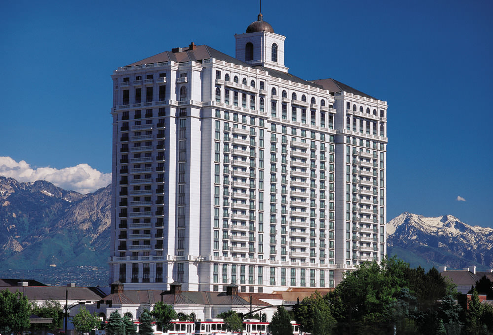 A full-view shot of the Grand America Hotel Exterior.