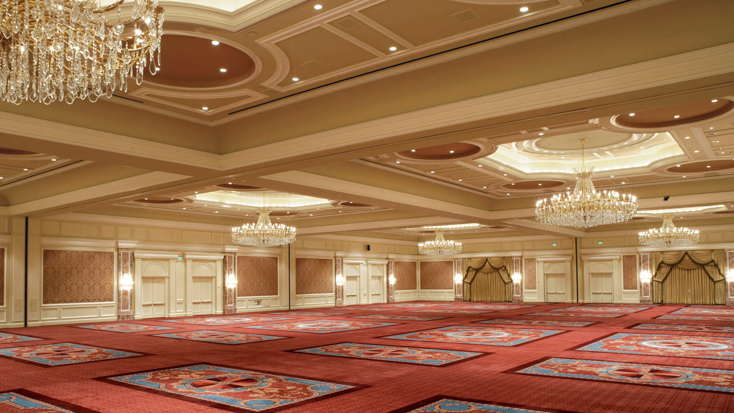 Grand Ballroom meeting and event space at The Grand America Hotel with crystal chandeliers.