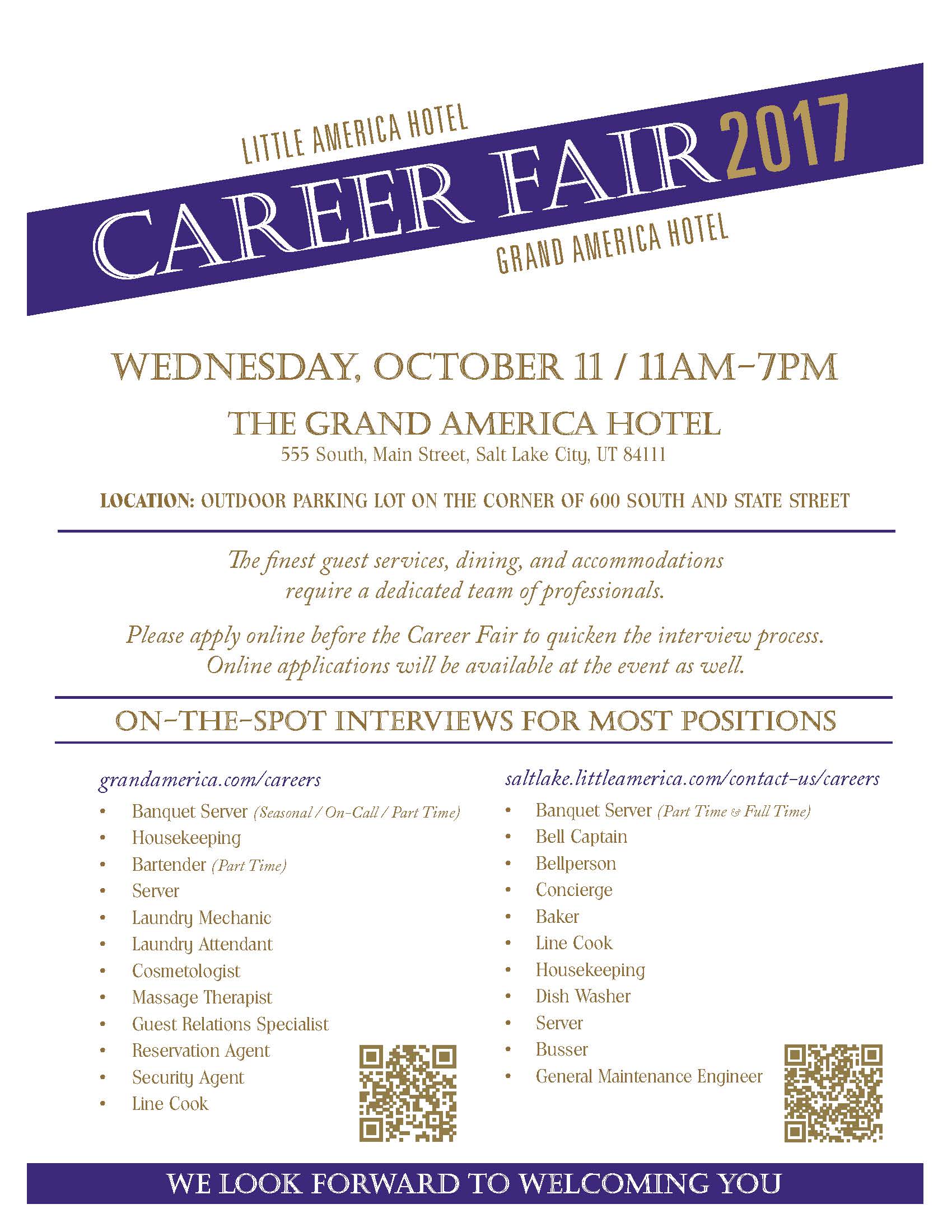 2017 Grand America Career fair poster with available positions.