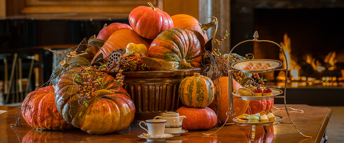 The Lobby Lounge at Grand America during thanksgiving with pumpkin decorations