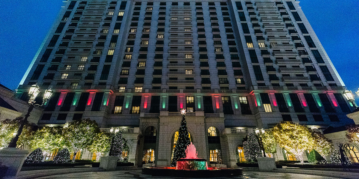 The Center Courtyard decorated with Christmas Lights and Displays