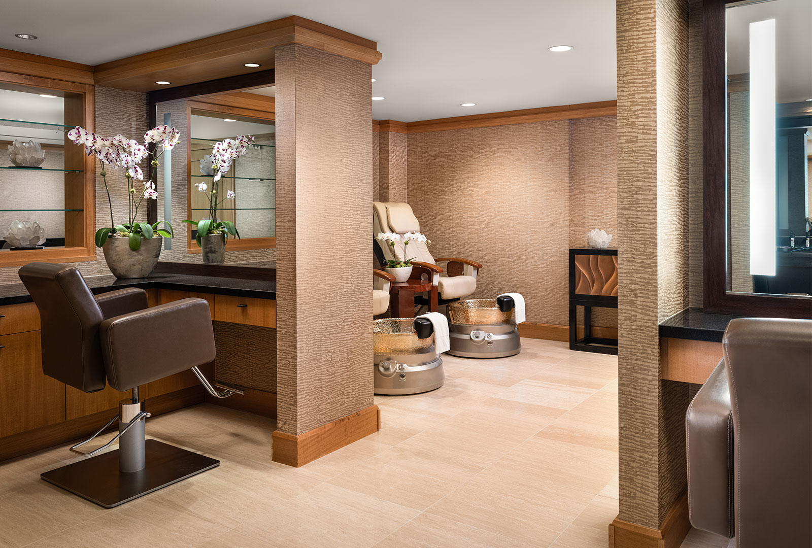 Salon chairs and pedicure massage chairs in the Grand Spa Salon