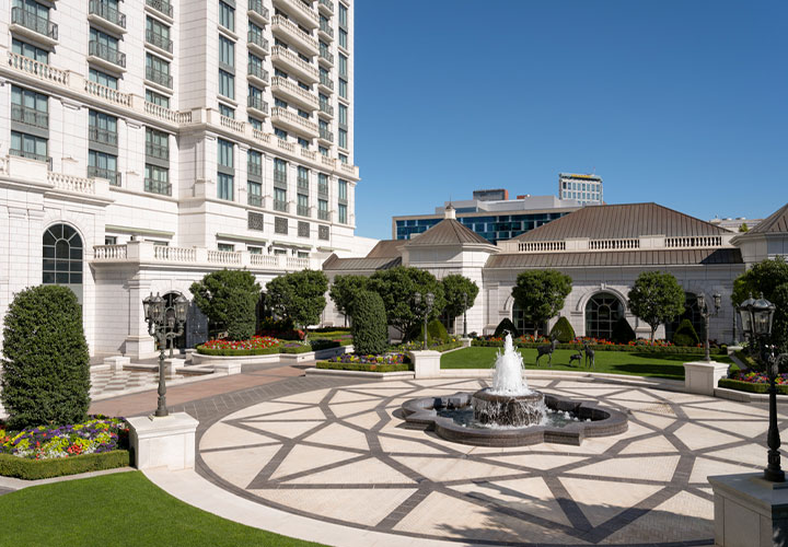 The Grand America Hotel Courtyard View with fountain and gardens