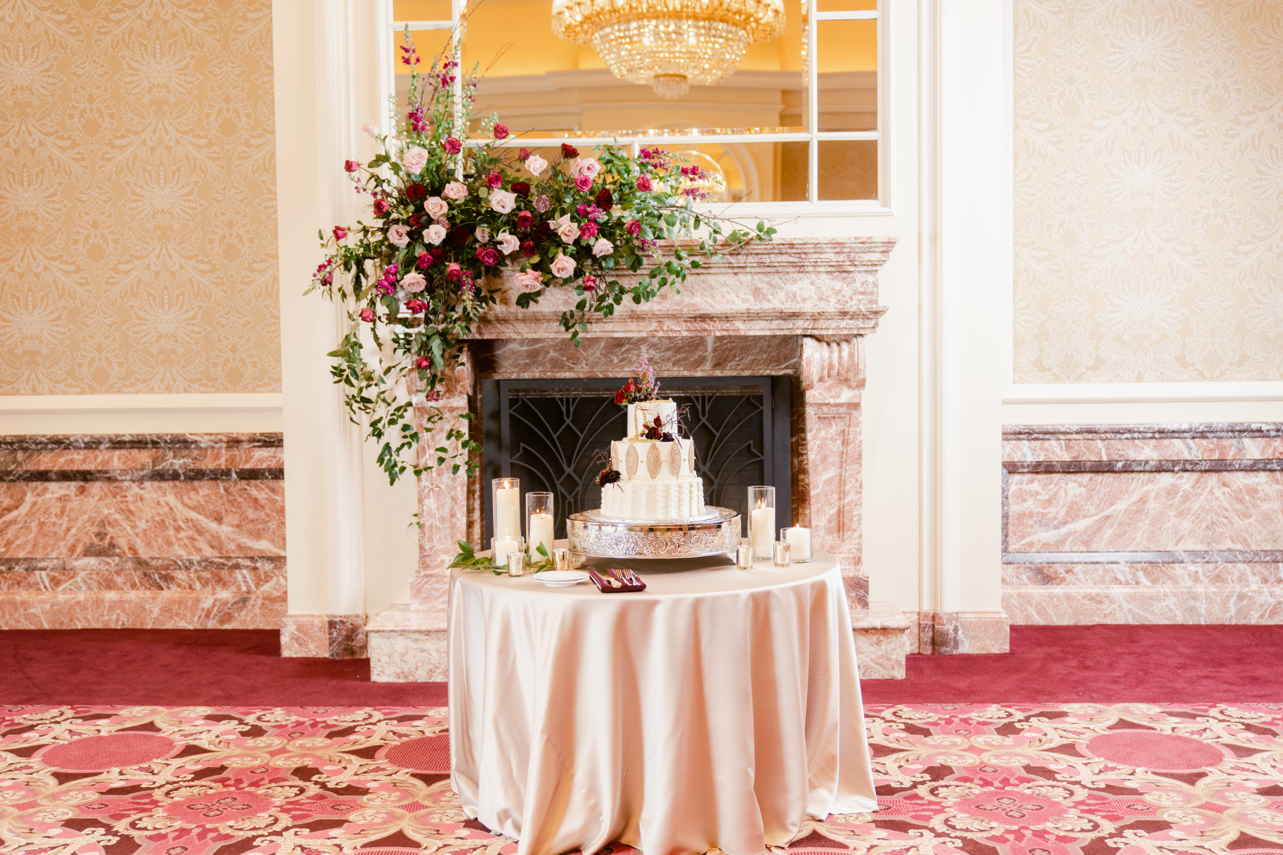 Wedding Cake Table set up in The Grand Salon at The Grand America Hotel.