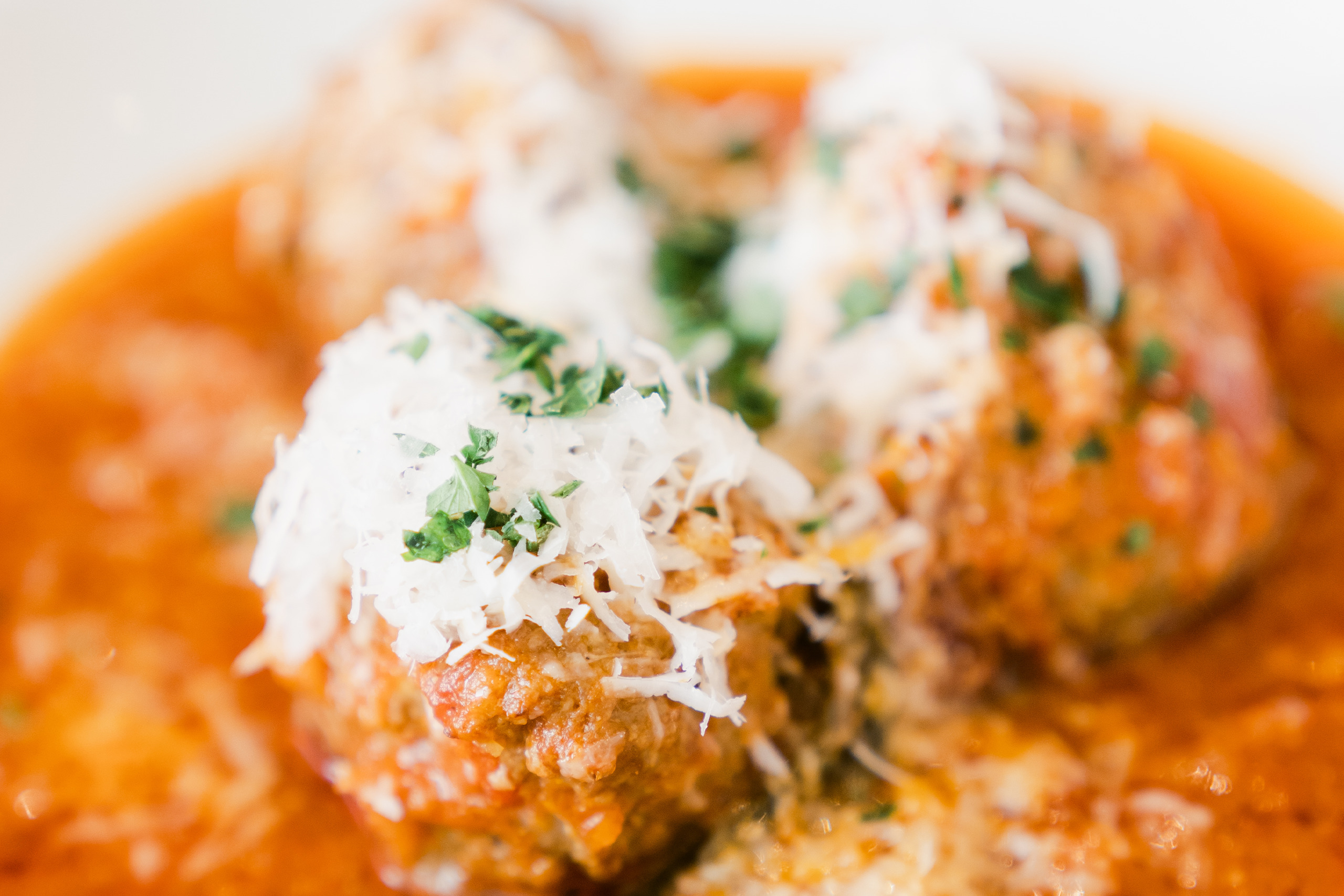 Mozzarella meatballs in red sauce for a wedding at The Grand America Hotel.