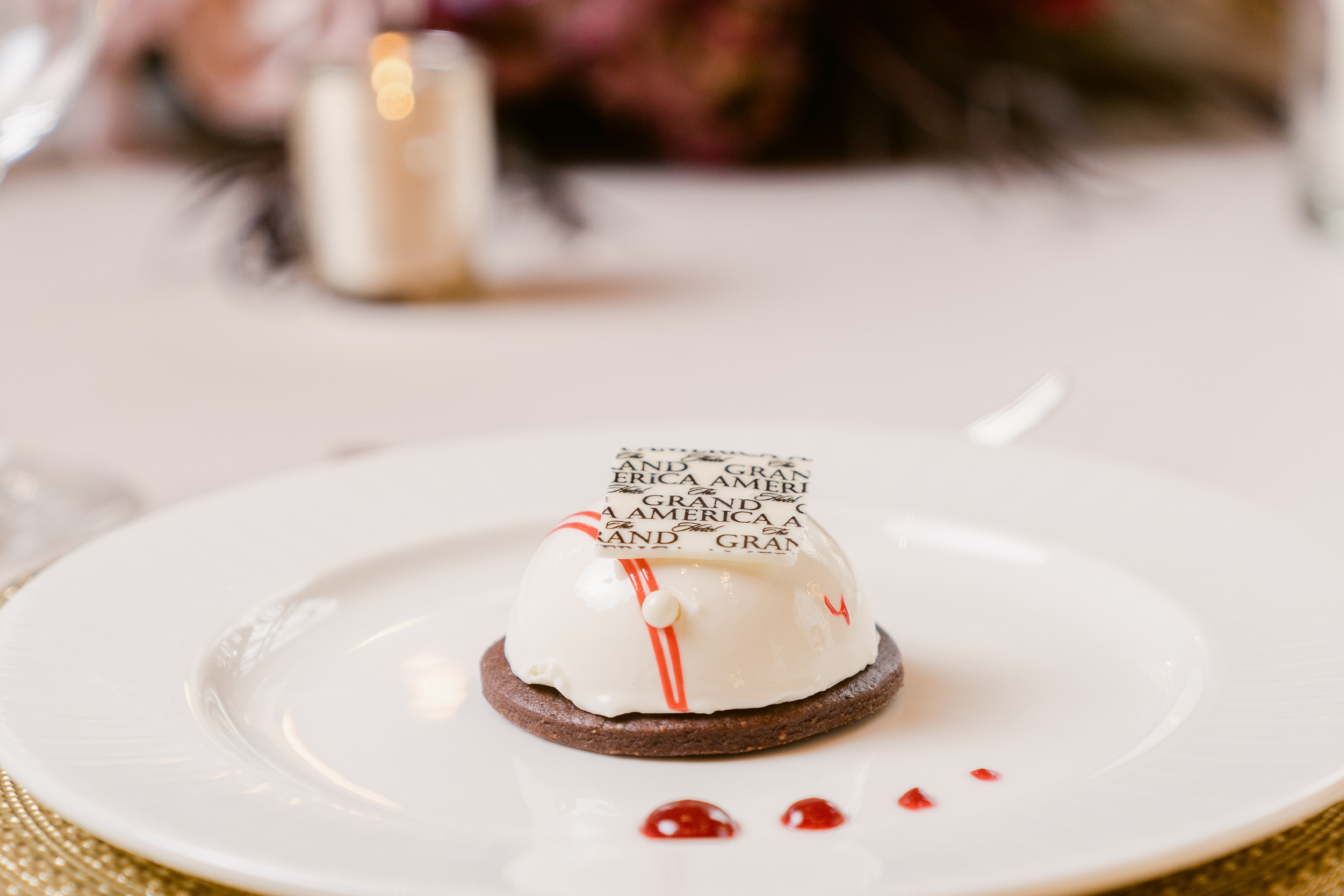 A vanilla and chocolate dessert for a wedding at The Grand America Hotel.