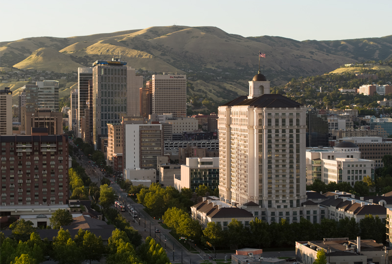 Aerial view of The Grand America Hotel's exterior.