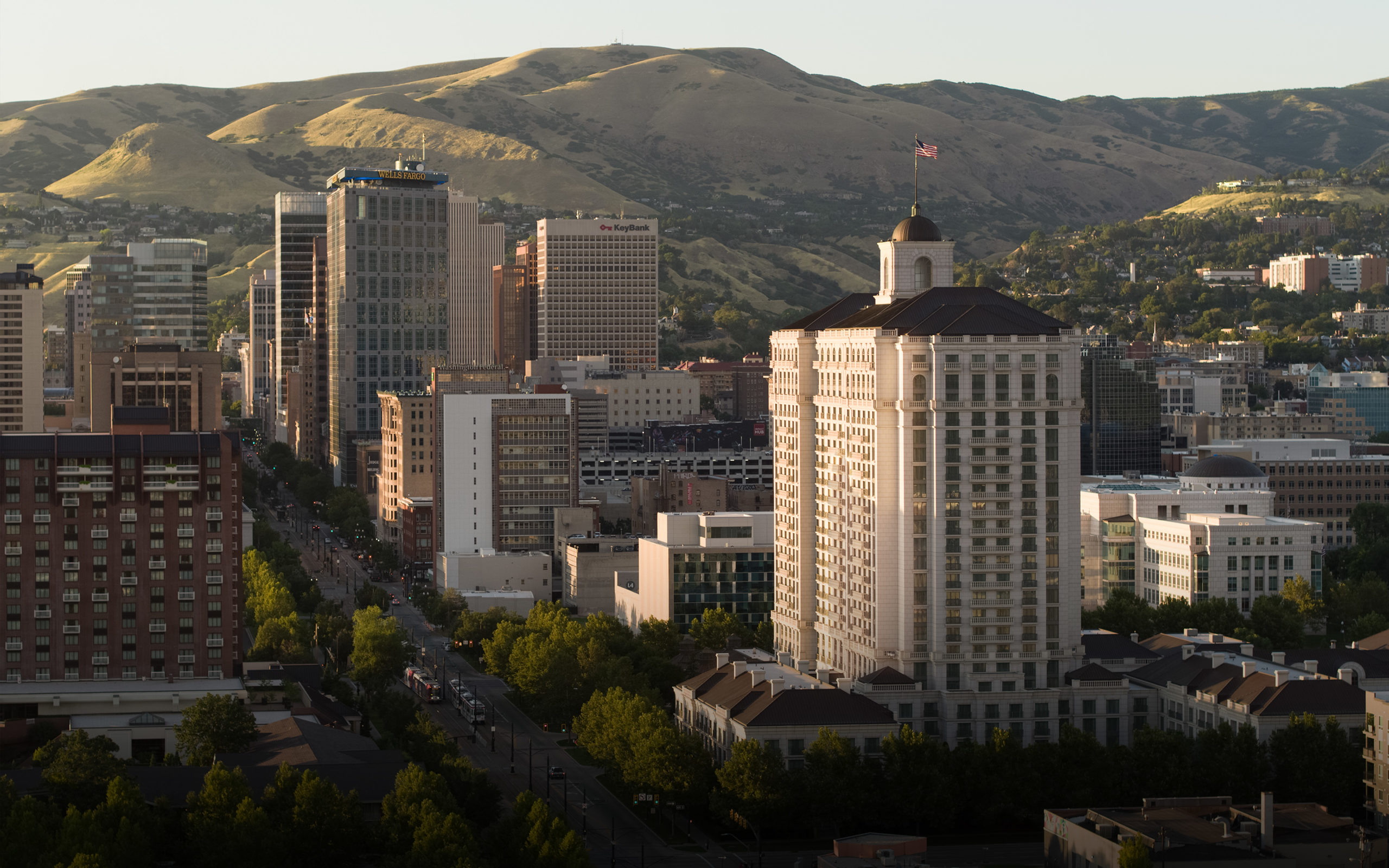 Aerial view of The Grand America Hotel's exterior.