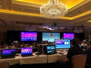 An audio/visual (AV) set-up and event command center at The Grand America Hotel
